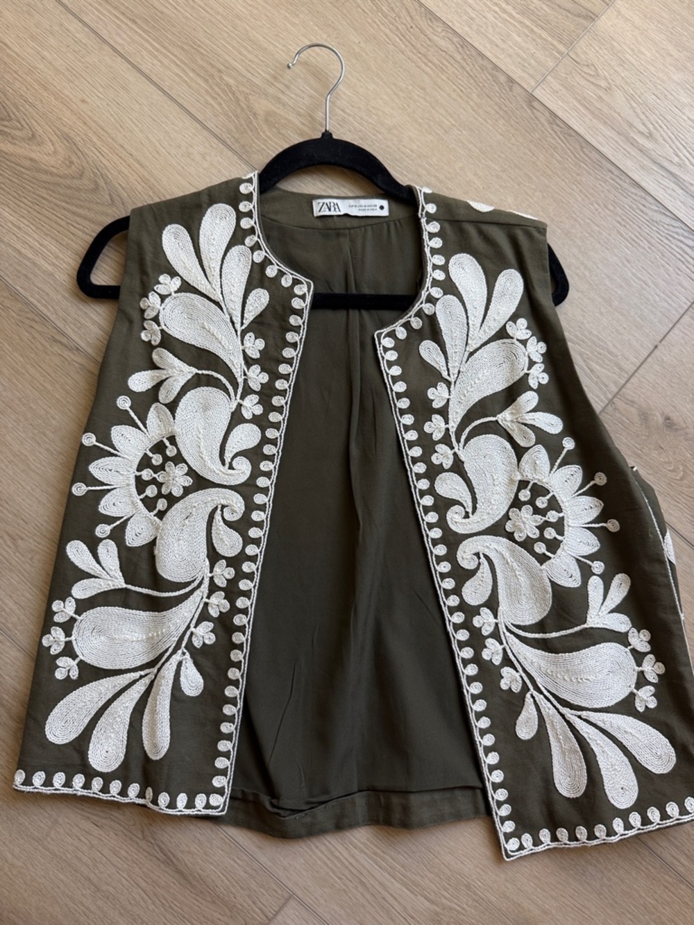 Zara Olive Green Openfront Vest with White Floral Embroidery